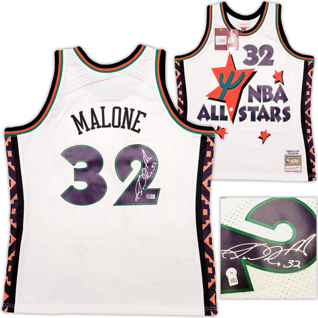 Utah Jazz Karl Malone Autographed White & Purple Authentic Mitchell & Ness 1995 All Star Game Jersey Size XL Beckett BAS Stock #211885