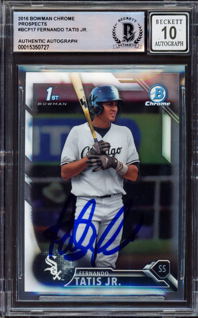 Fernando Tatis Jr. Autographed 2016 Bowman Chrome Prospect Rookie Card #BCP17 San Diego Padres Auto Grade Gem Mint 10 Beckett BAS Stock #212272