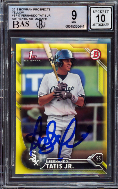 Fernando Tatis Jr. Autographed 2016 Bowman Prospect Yellow Rookie Card #BP17 San Diego Padres BGS 9 Auto Grade Gem Mint 10 Beckett BAS Stock #212268