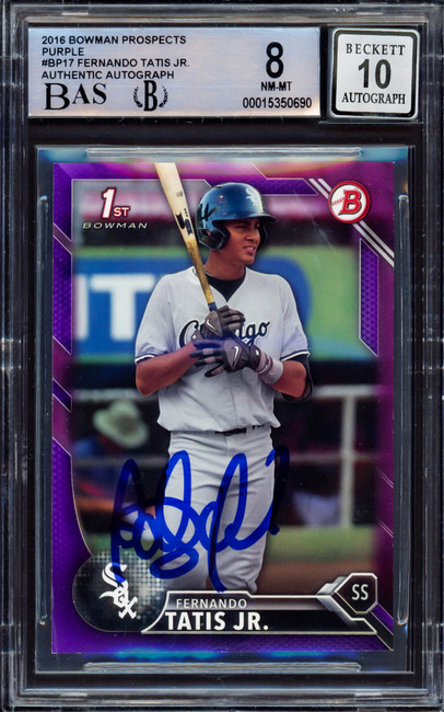 Fernando Tatis Jr. Autographed 2016 Bowman Prospect Purple Rookie Card #BP17 San Diego Padres BGS 8 Auto Grade Gem Mint 10 #246/250 Beckett BAS #15350690 Fernando Tatis Jr. Autographed 2016 Bowman Prospect Purple Rookie Card #BP17 San Diego Padres BGS 8 Auto Grade Gem Mint 10 #246/250 Beckett BAS #15350690