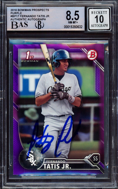 Fernando Tatis Jr. Autographed 2016 Bowman Prospect Purple Rookie Card #BP17 San Diego Padres BGS 8.5 Auto Grade Gem Mint 10 #109/250 Beckett BAS #15350632