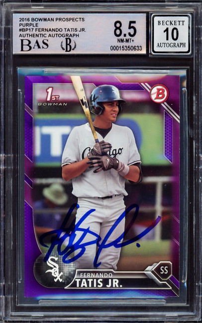 Fernando Tatis Jr. Autographed 2016 Bowman Prospect Purple Rookie Card #BP17 San Diego Padres BGS 8.5 Auto Grade Gem Mint 10 #176/250 Beckett BAS #15350633