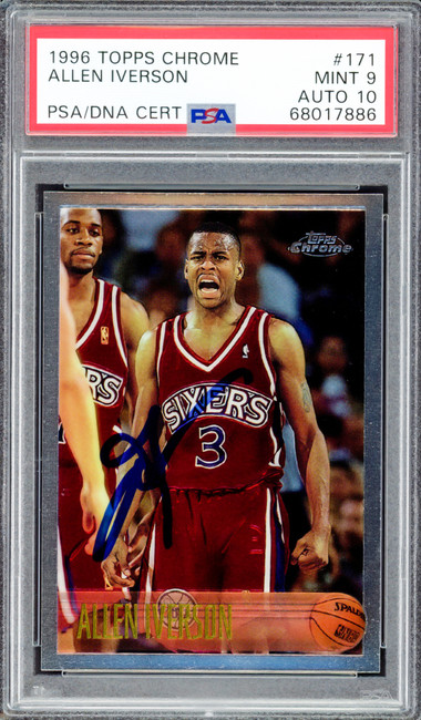 Allen Iverson Autographed 1996-97 Topps Chrome Rookie Card #171 Philadelphia 76ers PSA 9 Auto Grade Gem Mint 10 PSA/DNA #68017886