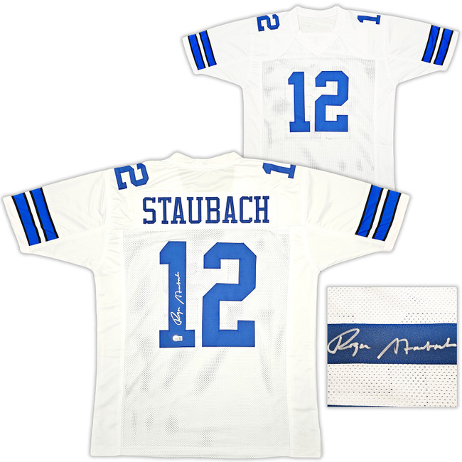 Dallas Cowboys Roger Staubach Autographed White Jersey Beckett BAS Witness Stock #212673
