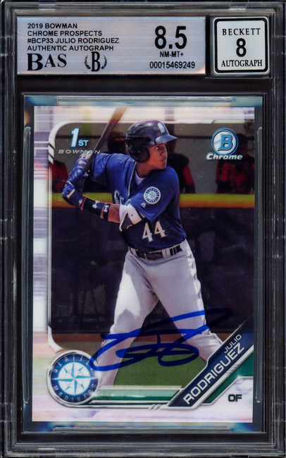 Julio Rodriguez Autographed 2019 Bowman Chrome Prospects Rookie Card #BCP33 Seattle Mariners BGS 8.5 Auto Grade Near Mint/Mint 8 Beckett BAS #15469249