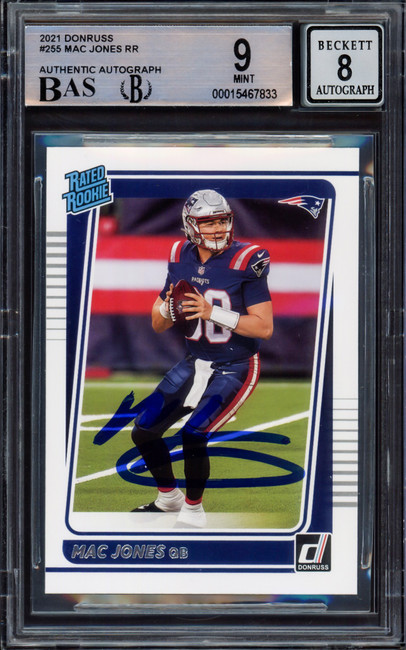 Mac Jones Autographed 2021 Donruss Rated Rookie Card #255 New England Patriots BGS 9 Auto Grade Near Mint/Mint 8 Beckett BAS #15467833