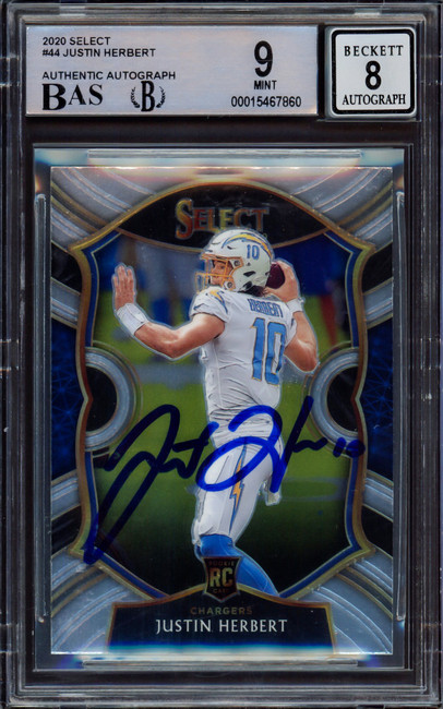 Justin Herbert Autographed 2020 Select Rookie Card #44 Los Angeles Chargers BGS 9 Auto Grade Near Mint/Mint 8 Beckett BAS #15467860