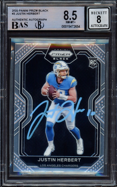 Justin Herbert Autographed 2020 Panini Prizm Black Rookie Card #3 Los Angeles Chargers BGS 8.5 Auto Grade Near Mint/Mint 8 Beckett BAS #15472654