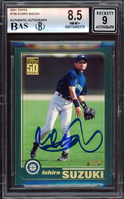 Ichiro Suzuki Autographed 2001 Topps Rookie Card #726 Seattle Mariners BGS 8.5 Auto Grade Mint 9 Beckett BAS Stock #213280