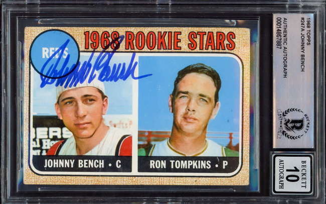 Johnny Bench Autographed 1968 Topps Rookie Card #247A Cincinnati Reds Auto Grade Gem Mint 10 Beckett BAS #14867887