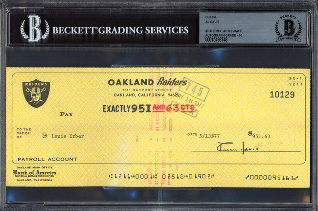 Al Davis Autographed Check Oakland Raiders Owner Auto Grade Gem Mint 10 Beckett BAS #15498748