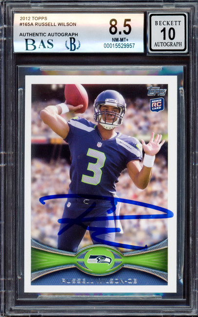 Russell Wilson Autographed 2012 Topps Rookie Card #165A Seattle Seahawks BGS 8.5 Auto Grade Gem Mint 10 Beckett BAS Stock #214870