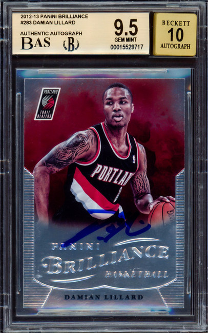Damian Lillard Autographed 2012-13 Panini Brilliance Rookie Card #283 Portland Trail Blazers BGS 9.5 Auto Grade Gem Mint 10 Beckett BAS Stock #214865 Damian Lillard Autographed 2012-13 Panini Brilliance Rookie Card #283 Portland Trail Blazers BGS 9.5 Auto Grade Gem Mint 10 Beckett BAS Stock #214865
