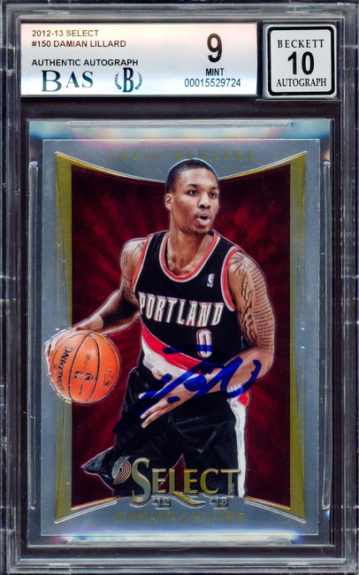 Damian Lillard Autographed 2012-13 Panini Select Rookie Card #150 Portland Trail Blazers BGS 9 Auto Grade Gem Mint 10 Beckett BAS Stock #214861