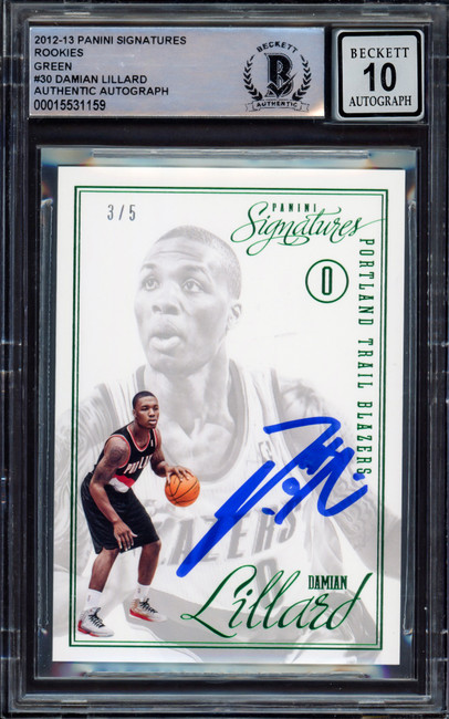 Damian Lillard Autographed 2012-13 Panini Signatures Green Rookie Card #30 Portland Trail Blazers Auto Grade Gem Mint 10 #3/5 Beckett BAS #15531159