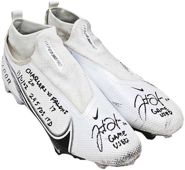Justin Herbert Autographed Pair Of Game Used White & Black Nike Vapor 360 Pro Cleats Los Angeles Chargers "Game Used, Chargers 20 vs Falcons 17, 11/6/22, 245 Yds, & 1 TD" Beckett BAS Witness #W453564 & #W453565