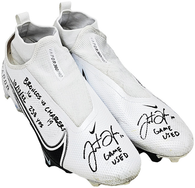 Justin Herbert Autographed Pair Of Game Used White & Black Nike Vapor 360 Pro Cleats Los Angeles Chargers "Game Used, Broncos 16 vs Chargers 19, 10/17/22, 238 Yds" Beckett BAS Witness #W453550 & #W453551