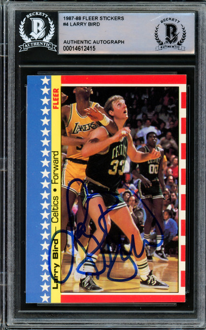 Larry Bird Autographed 1987-88 Fleer Stickers Card #4 Boston Celtics Beckett BAS #14612415