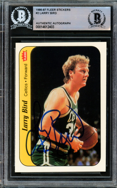 Larry Bird Autographed 1986-87 Fleer Stickers Card #2 Boston Celtics Beckett BAS #14612403