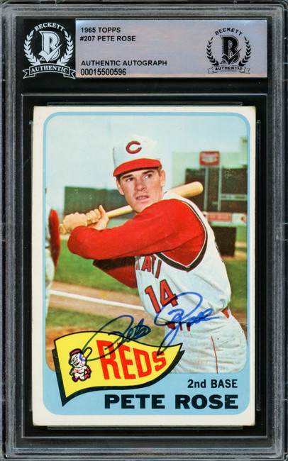 Pete Rose Autographed 1965 Topps Card #207 Cincinnati Reds Beckett BAS #15500596