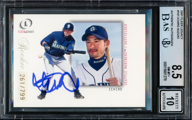 Ichiro Suzuki Autographed 2001 Fleer Legacy Rookie Card #101 Seattle Mariners BGS 8.5 Auto Grade Gem Mint 10 #261/799 Beckett BAS #15681278