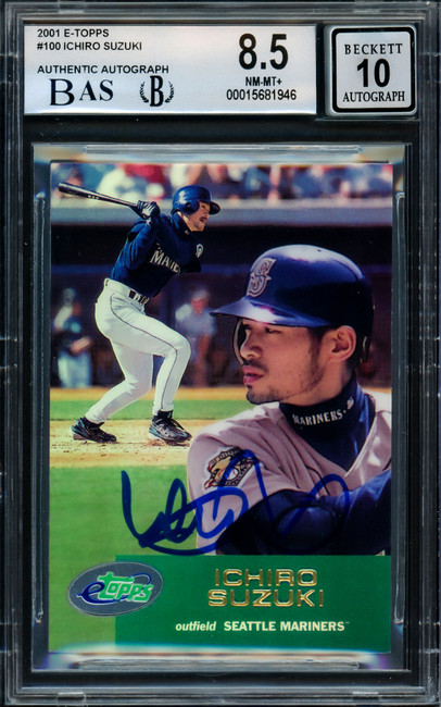 Ichiro Suzuki Autographed 2001 eTopps Rookie Card #100 Seattle Mariners BGS 8.5 Auto Grade Gem Mint 10 Beckett BAS Stock #216434