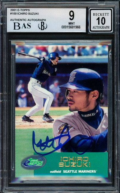 Ichiro Suzuki Autographed 2001 eTopps Rookie Card #100 Seattle Mariners BGS 9 Auto Grade Gem Mint 10 Beckett BAS Stock #216433 Ichiro Suzuki Autographed 2001 eTopps Rookie Card #100 Seattle Mariners BGS 9 Auto Grade Gem Mint 10 Beckett BAS Stock #216433