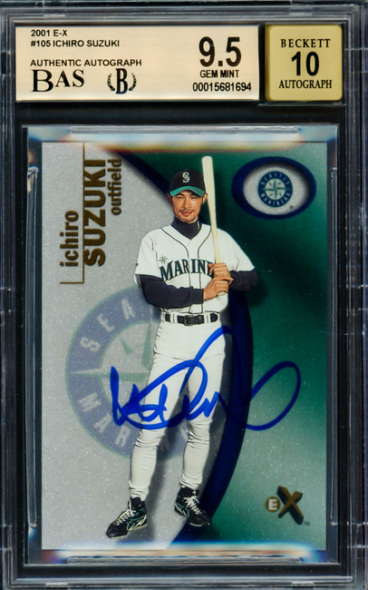 Ichiro Suzuki Autographed 2001 Fleer E-X Rookie Card #105 Seattle Mariners BGS 9.5 Auto Grade Gem Mint 10 Highest Graded #1619/1999 Beckett BAS #15681694