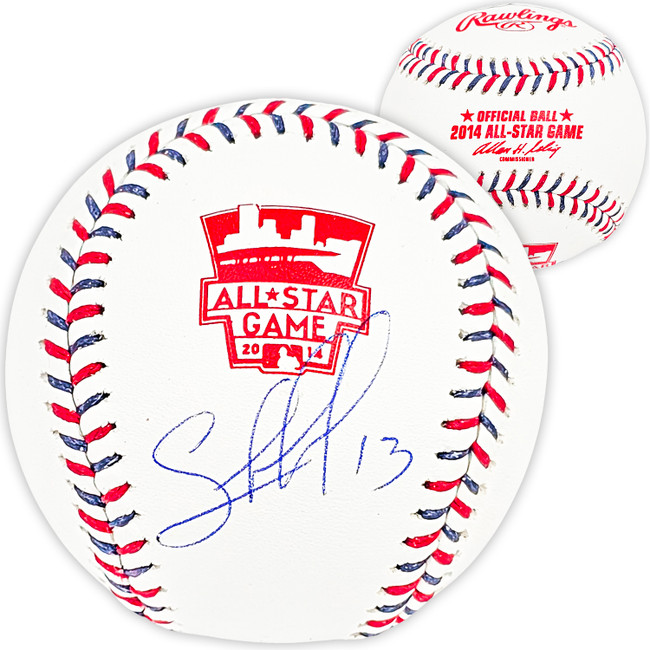 Salvador Perez Autographed Official 2014 All Star Game Logo Game Baseball Kansas City Royals Beckett BAS Witness Stock #216040 Salvador Perez Autographed Official 2014 All Star Game Logo Game Baseball Kansas City Royals Beckett BAS Witness Stock #216040