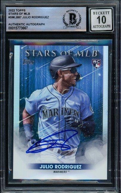 Julio Rodriguez Autographed 2022 Topps Stars of MLB Rookie Card #SMLB-87 Seattle Mariners Auto Grade Gem Mint 10 Beckett BAS Stock #216656