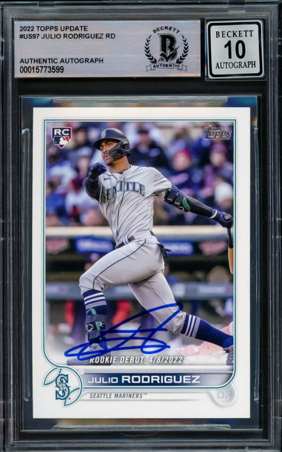 Julio Rodriguez Autographed 2022 Topps Update Rookie Card #US97 Seattle Mariners Auto Grade Gem Mint 10 Beckett BAS Stock #216655
