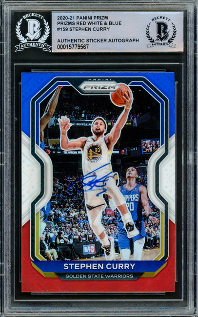 Stephen Curry Autographed 2020-21 Panini Prizm Red White & Blue Prizms Card #159 Golden State Warriors Beckett BAS Stock #216855