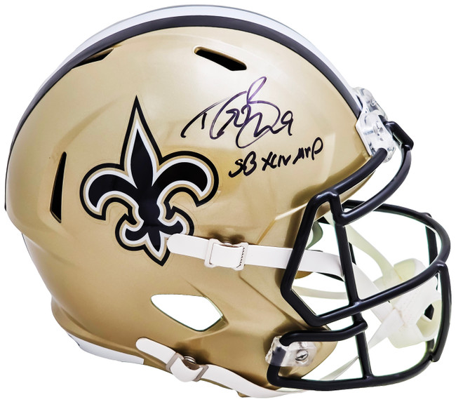 Drew Brees Autographed New Orleans Saints Gold Full Size Speed Replica Helmet "SB XLIV MVP" Beckett BAS Witness Stock #216805