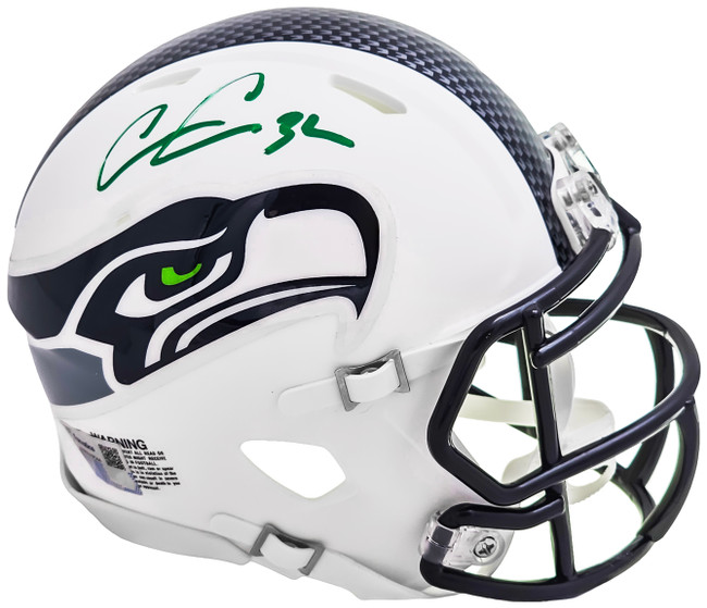 Chris Carson Autographed Seattle Seahawks Flat Matte White Speed Mini Helmet Fanatics Holo Stock #216811