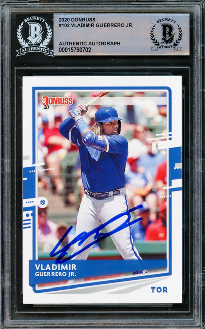 Vladimir Guerrero Jr. Autographed 2020 Donruss Card #102 Toronto Blue Jays Batting Beckett BAS #15780702