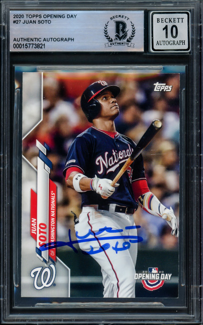 Juan Soto Autographed 2020 Topps Opening Day Card #27 New York Yankees Auto Grade Gem Mint 10 Beckett BAS #15773821