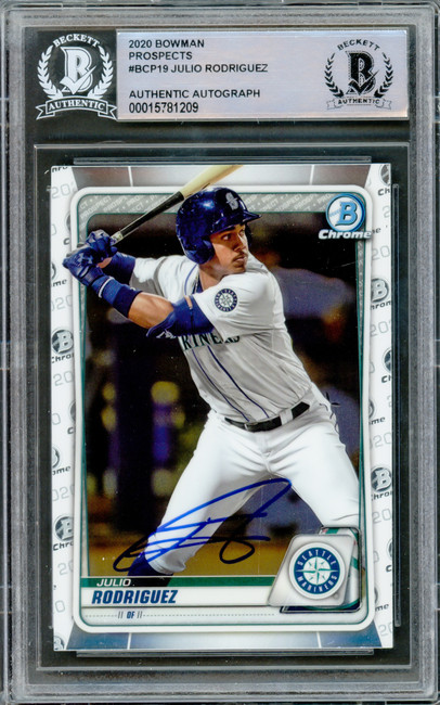 Julio Rodriguez Autographed 2020 Bowman Chrome Rookie Card #BCP19 Seattle Mariners Beckett BAS #15781209