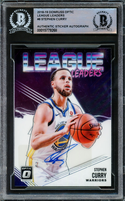 Stephen Curry Autographed 2018-19 Donruss Optic League Leaders Card #8 Golden State Warriors Beckett BAS #15779268