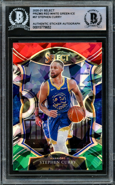 Stephen Curry Autographed 2020-21 Panini Select Red White & Green Ice Prizm Card #57 Golden State Warriors Beckett BAS #15779652