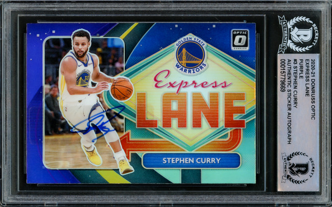 Stephen Curry Autographed 2020-21 Donruss Optic Purple Prizm Express Lane Card #3 Golden State Warriors Beckett BAS #15779669