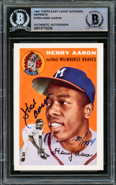 Hank Aaron Autographed 1991 1954 Topps Rookie Reprint Card Milwaukee Braves #130/1954 Beckett BAS #15778238