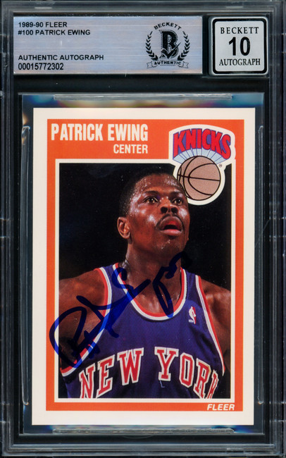 Patrick Ewing Autographed 1989-90 Fleer Card #100 New York Knicks Auto Grade Gem Mint 10 Beckett BAS #15772302