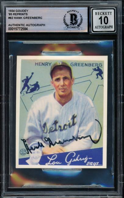 Hank Greenberg Autographed 1985 1934 Goudey Reprint Rookie Card #62 Detroit Tigers Auto Grade Gem Mint 10 Beckett BAS #15772584