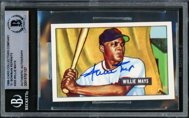 Willie Mays Autographed 1986 CCC 1951 Bowman Reprint Rookie Card #305 New York Giants Beckett BAS #15781107