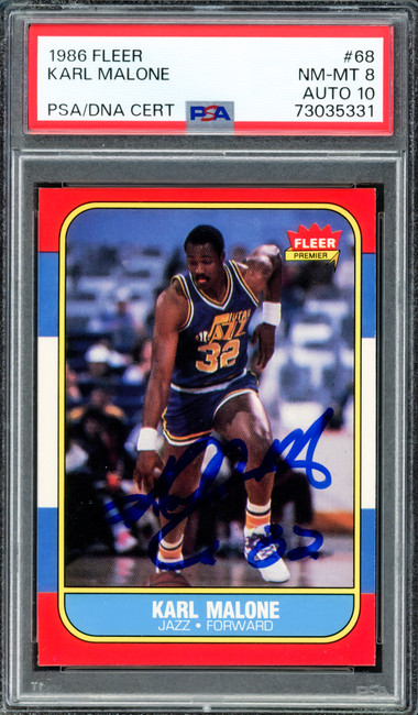 Karl Malone Autographed 1986 Fleer Rookie Card #68 Utah Jazz PSA 8 Auto Grade Gem Mint 10 PSA/DNA #73035331