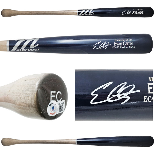 Evan Carter Autographed Dark Blue Marucci Player Model Bat Texas Rangers Beckett BAS Witness Stock #217965