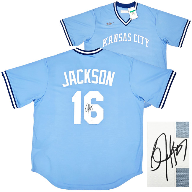 Kansas City Royals Bo Jackson Autographed Light Blue Nike Cooperstown Collection Jersey Size XL Beckett BAS Witness Stock #218043