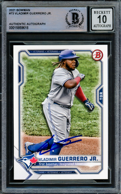 Vladimir Guerrero Jr. Autographed 2021 Bowman Card #73 Toronto Blue Jays Auto Grade Gem Mint 10 Beckett BAS Stock #218651