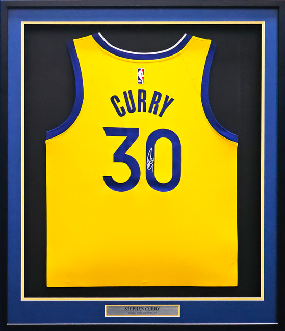 Golden State Warriors Stephen Curry Autographed Framed Yellow Nike Swingman Jersey Beckett BAS Stock #218633