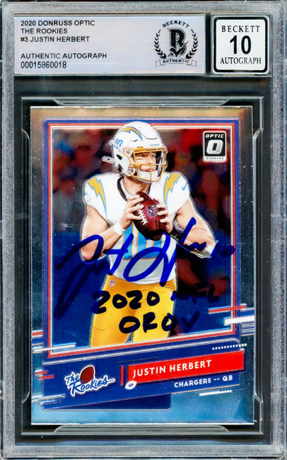 Justin Herbert Autographed 2020 Donruss Optic The Rookies Rookie Card #TR-JH Los Angeles Chargers Auto Grade Gem Mint 10 "2020 NFL OROY" Beckett BAS #15860018